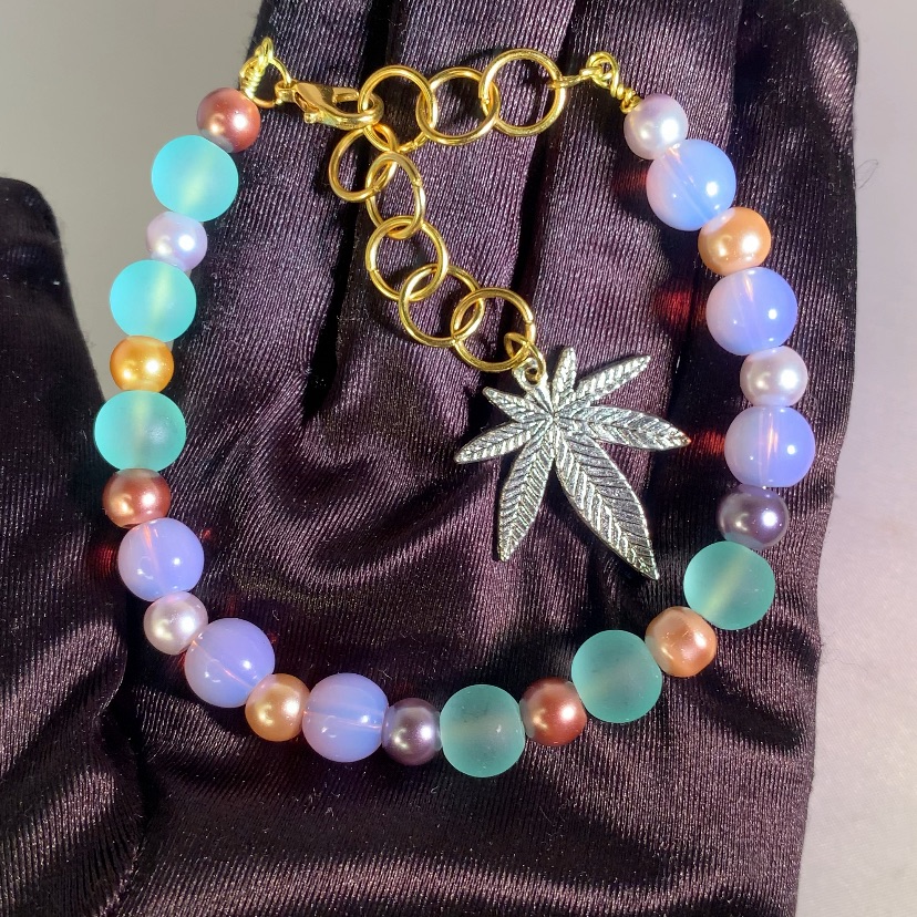 Minted Dusk Handcrafted Herbal Leaf Charm Bracelet W Purple Green Glass Beads